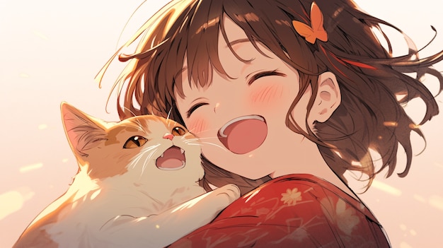 Side view anime girl hugging cat