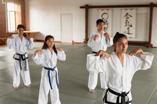 Free photo side view asian people practicing taekwondo