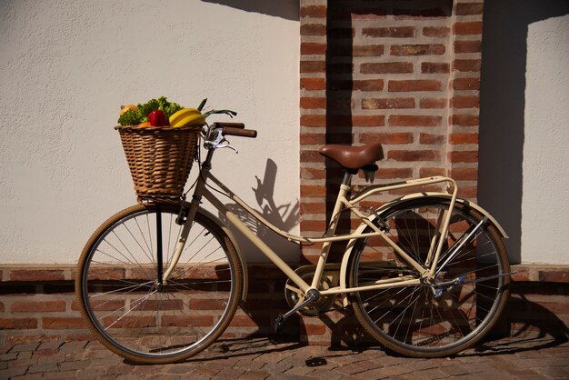 Side view bicycle basket with fresh groceries