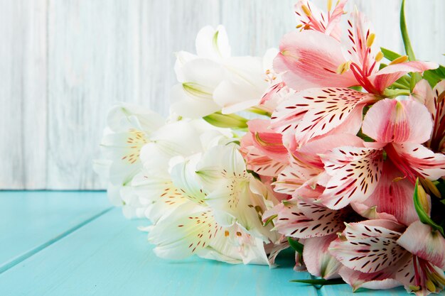 Side view of a bouquet of pink and white color alstroemeria flowers on blue wooden background