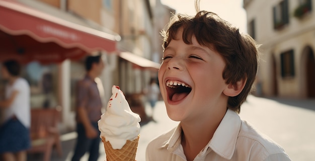 Side view boy eating ice cream