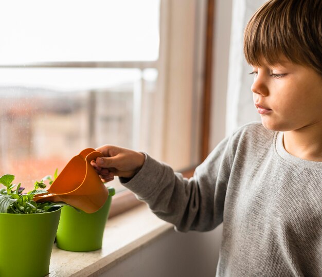 Side view of child watering plants by the window