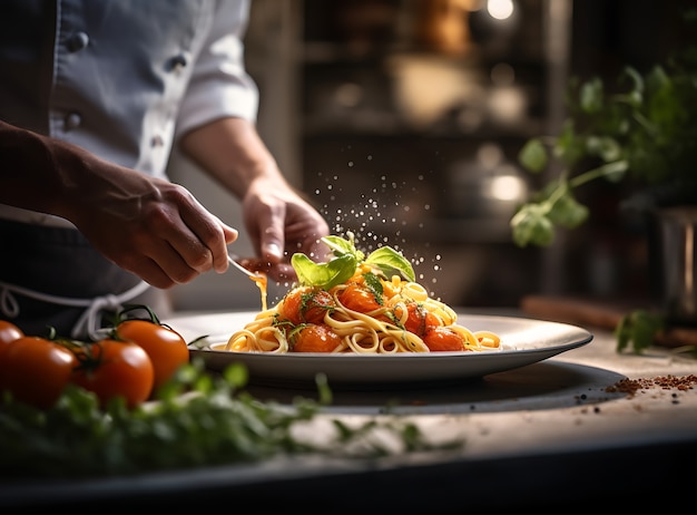 Free Photo side view cook making delicious pasta