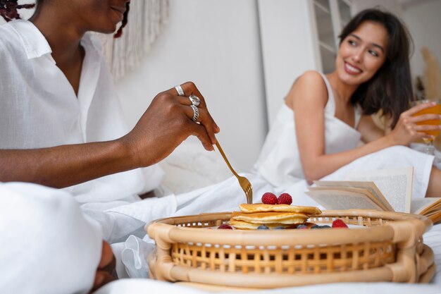 Side view cute couple wearing linen clothing