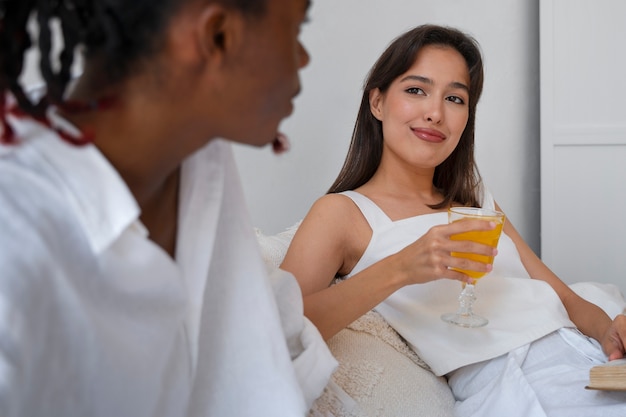 Side view cute couple wearing linen clothing