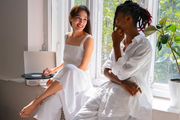 Side view cute couple wearing linen clothing