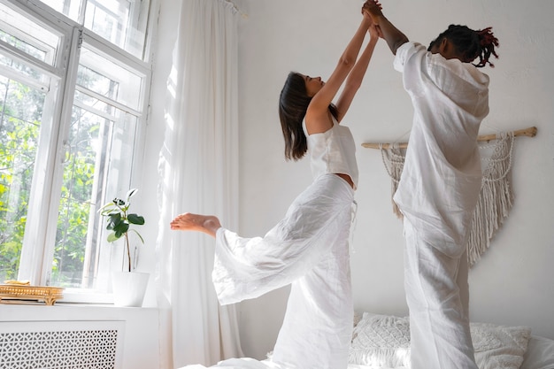 Side view cute couple wearing linen clothing