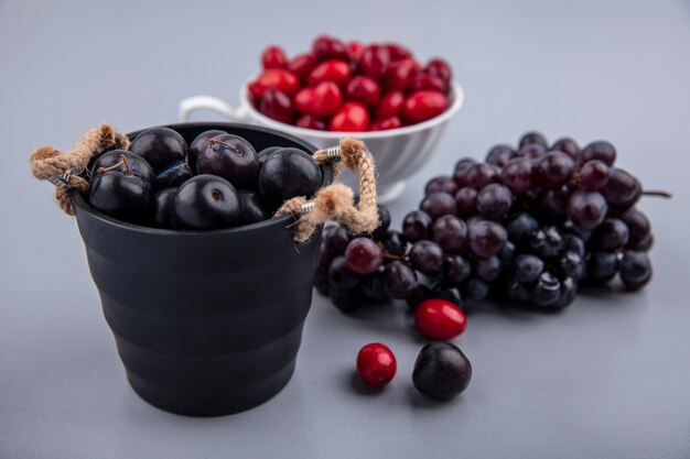 Free photo side view of dark purple blackthorn fruits on a black basket with cornel berries on a cup and grapes isolated on a grey background