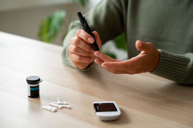 Side view diabetic woman checking her glucose level