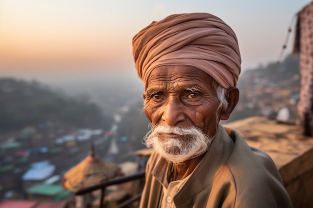 Side view elderly man with strong ethnic features