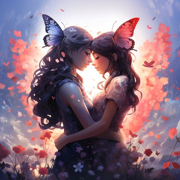 Side view fairies hugging fantasy world