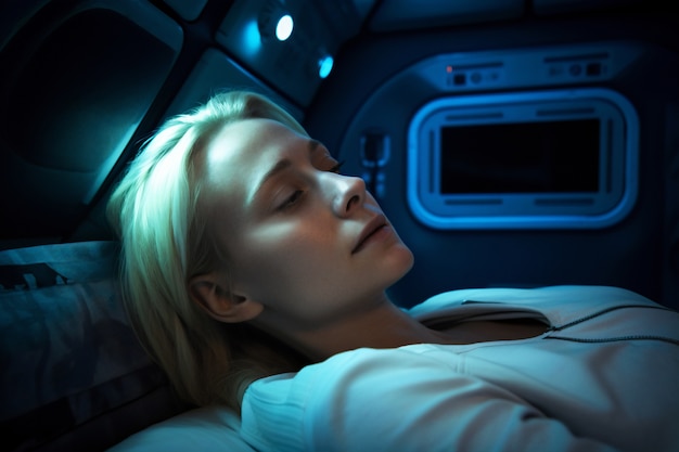 Free photo side view female astronaut trying to sleep