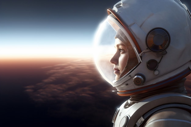 Side view female astronaut wearing spacesuit