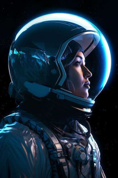 Side view female astronaut wearing spacesuit