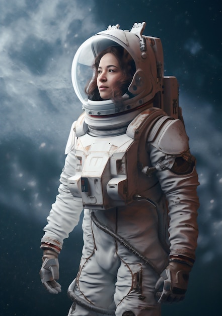 Side view female astronaut wearing spacesuit