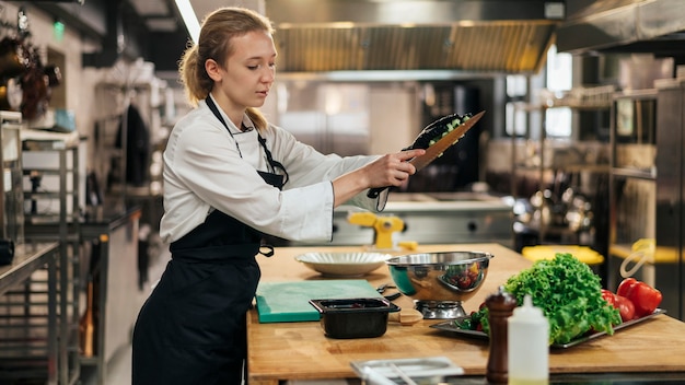 Free Photo side view of female chef with apron cooking in the kitchen