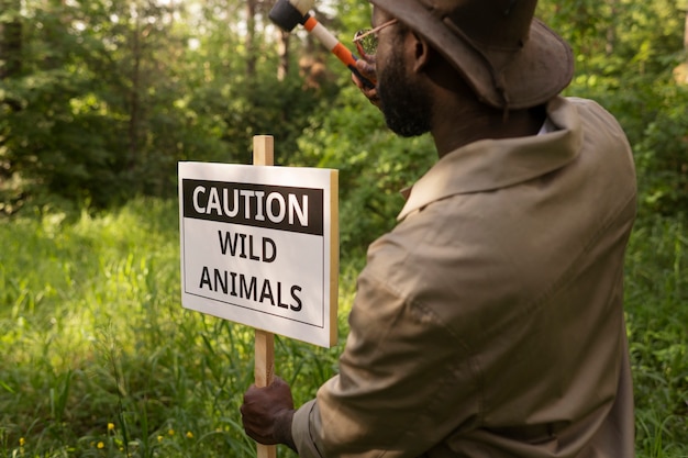 Side view forest warden putting sign