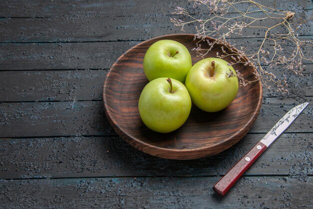 Side view from afar plate of apples brown plate of appetizing apples on dark background next to tree branches and knife