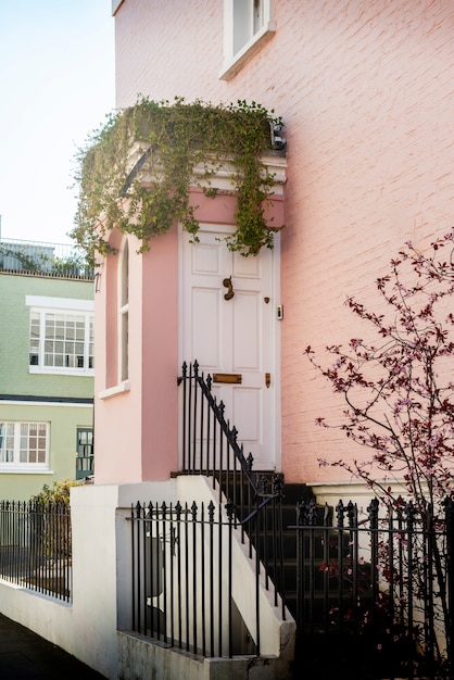 Side view of front door with pink wall and plants