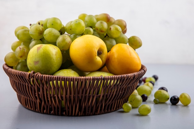 Side view of fruits as grape nectacots green pluots in basket and grape berries on gray surface and white background