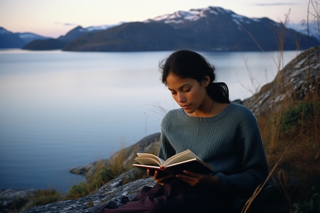 Free photo side view girl reading outdoors