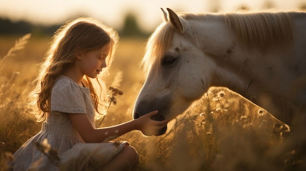 Side view girl with cute horse