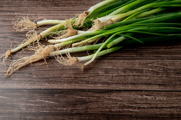 Side view of green onions on wooden background with copy space