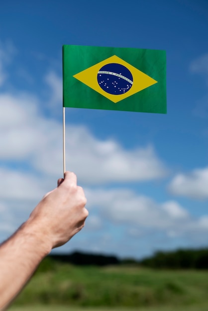 Side view hand holding brazilian flag