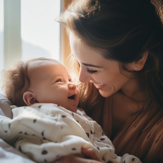 Side view happy mother holding baby