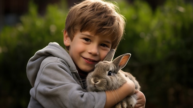 Free Photo side view kid holding rabbit