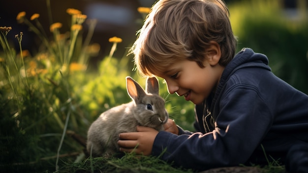 Free Photo side view kid holding rabbit