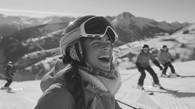 Free photo side view kid skiing monochrome