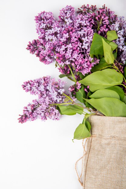 Side view of lilac flowers in a sack on white background