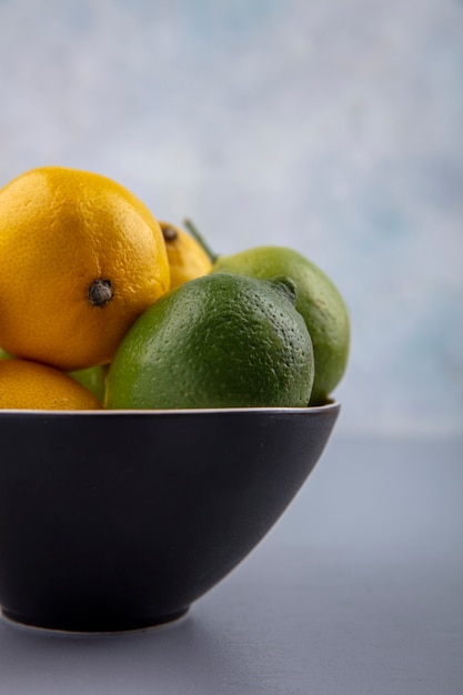 Free photo side view limes and lemons in a black bowl on a gray background