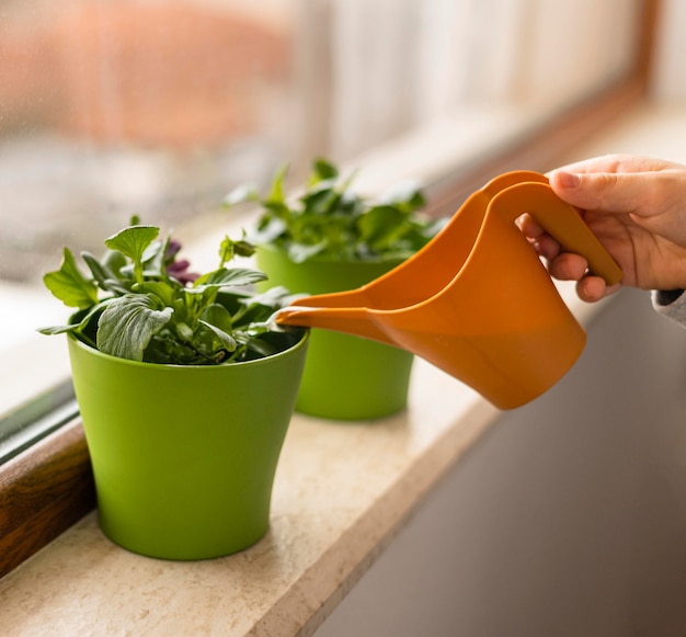 Free Photo side view of little kid watering plants