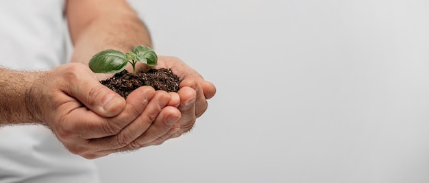 Free photo side view of male hands holding soil and plant with copy space