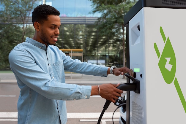 Side view man charging electric car