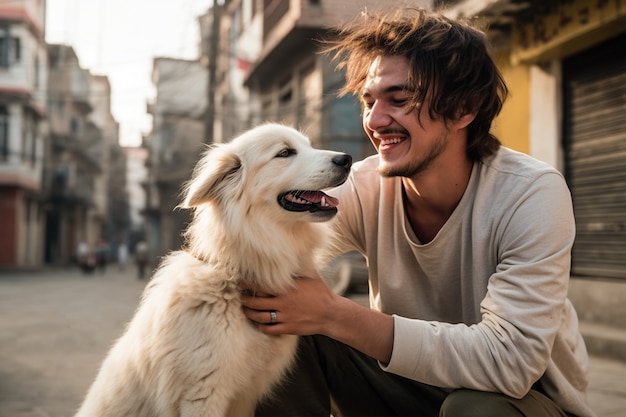 Side view man holding dog