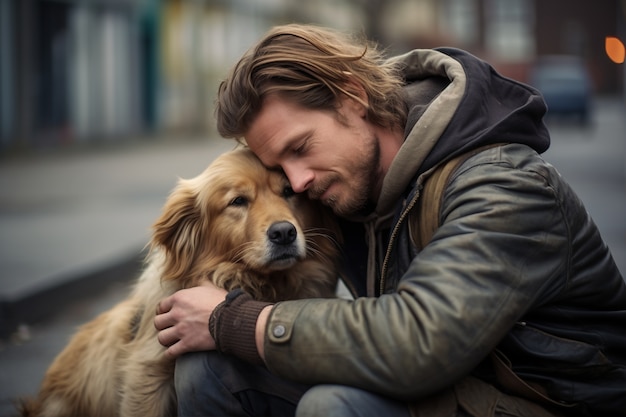 Side view man holding dog