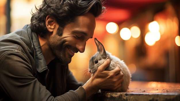 Free photo side view man holding rabbit