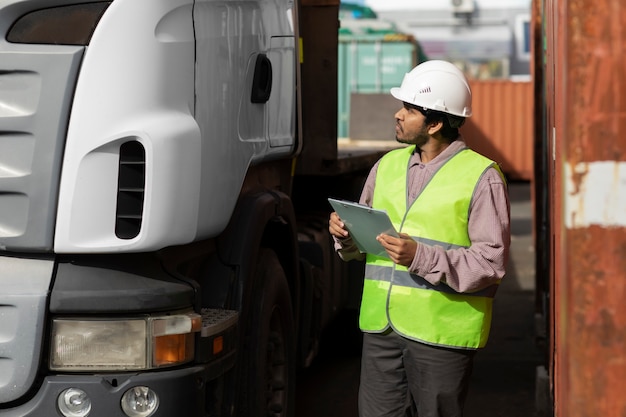 Free photo side view man looking at truck