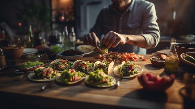 Side view man making delicious tacos