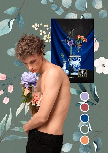 Free Photo side view man posing with flowers