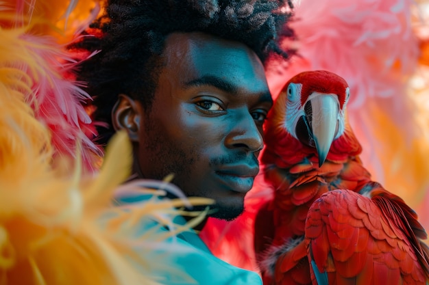 Free Photo side view man posing with parrot