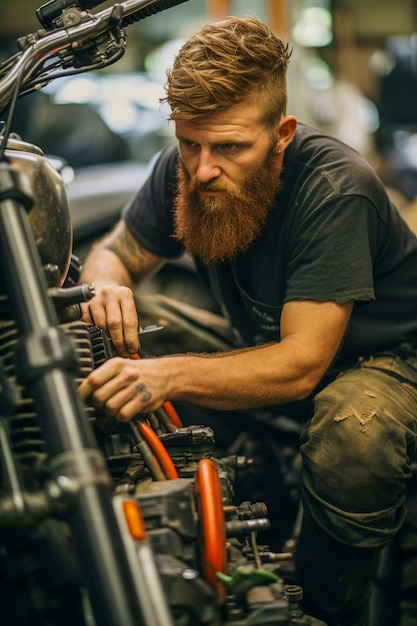 Side view man repairing motorcycle