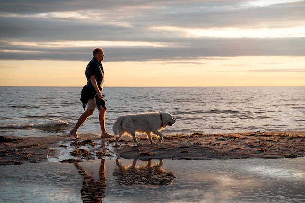 Side view man with cute dog on beach