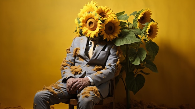 Side view man with sunflowers