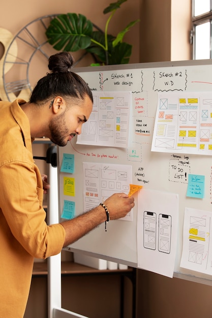 Free Photo side view man working with white board