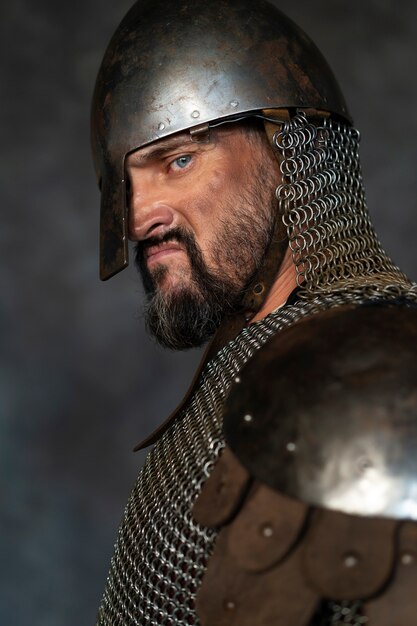 Side view medieval soldier posing in studio