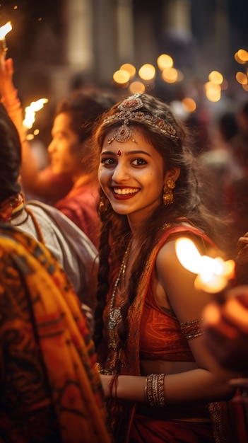 Free Photo side view people celebrating tamil new year